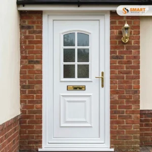 Kendal Georgian Bar UPVC door with decorative glass panels and white finish