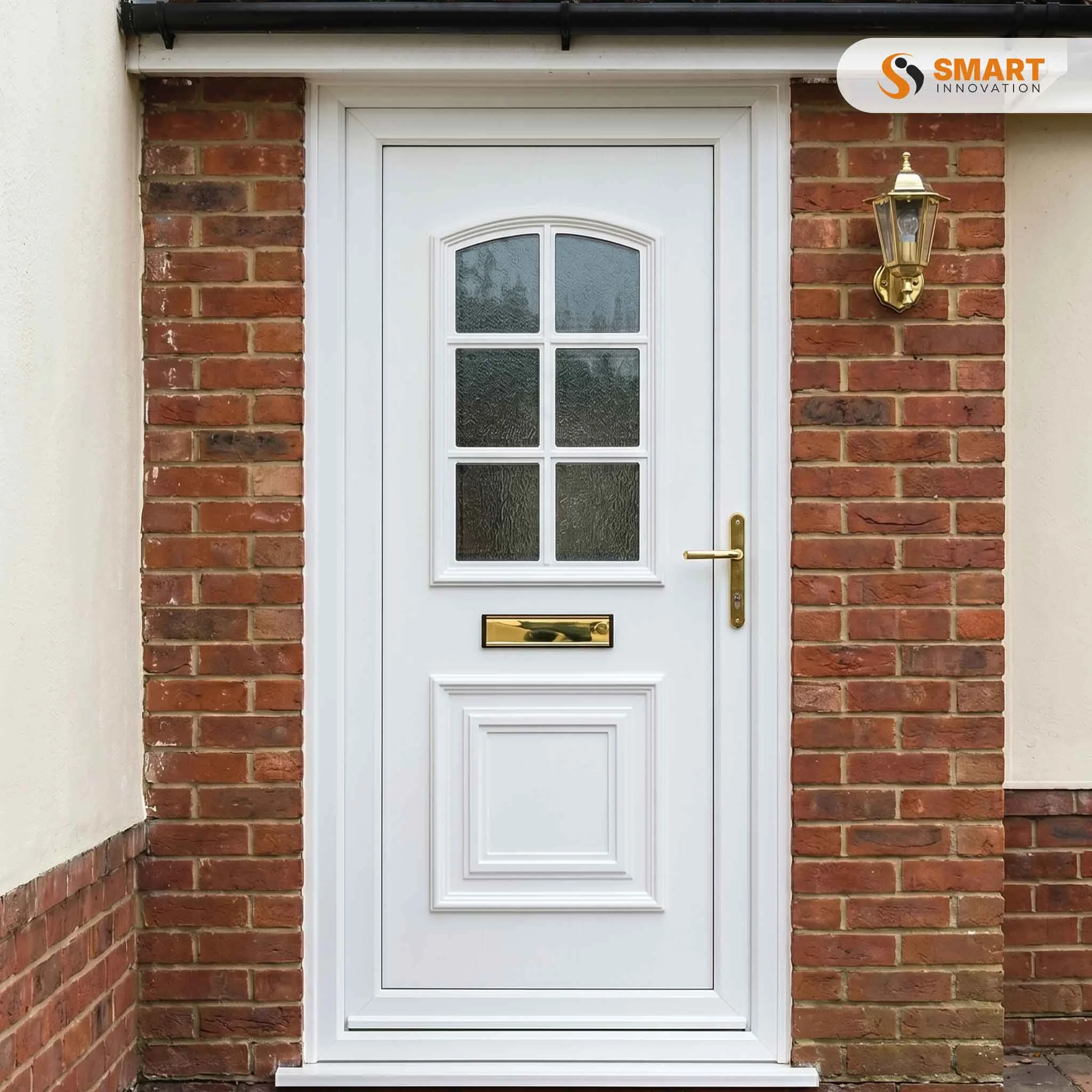 Kendal Georgian Bar UPVC door with decorative glass panels and white finish