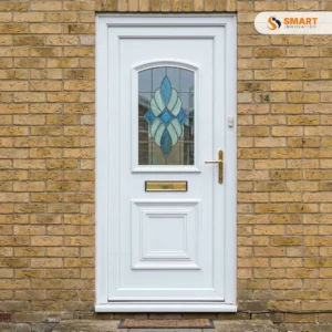 Balmoral One Classic white UPVC front door with decorative glazed glass panel