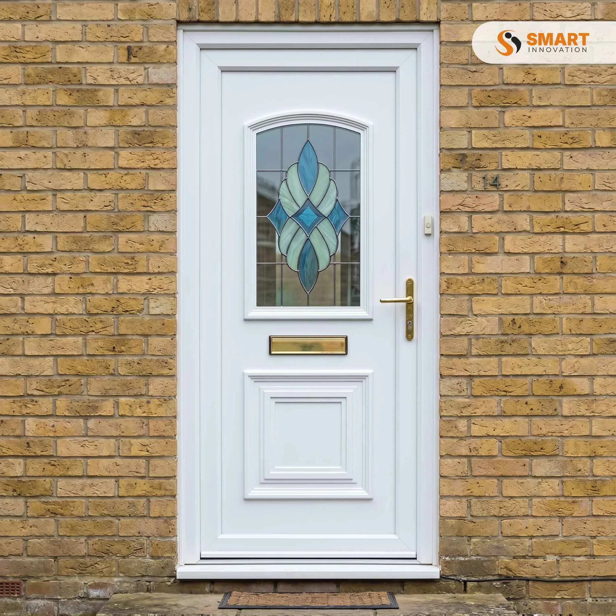 Balmoral One Classic white UPVC front door with decorative glazed glass panel