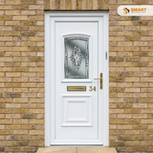 Carlton One Classic white UPVC front door with decorative glazed glass panel