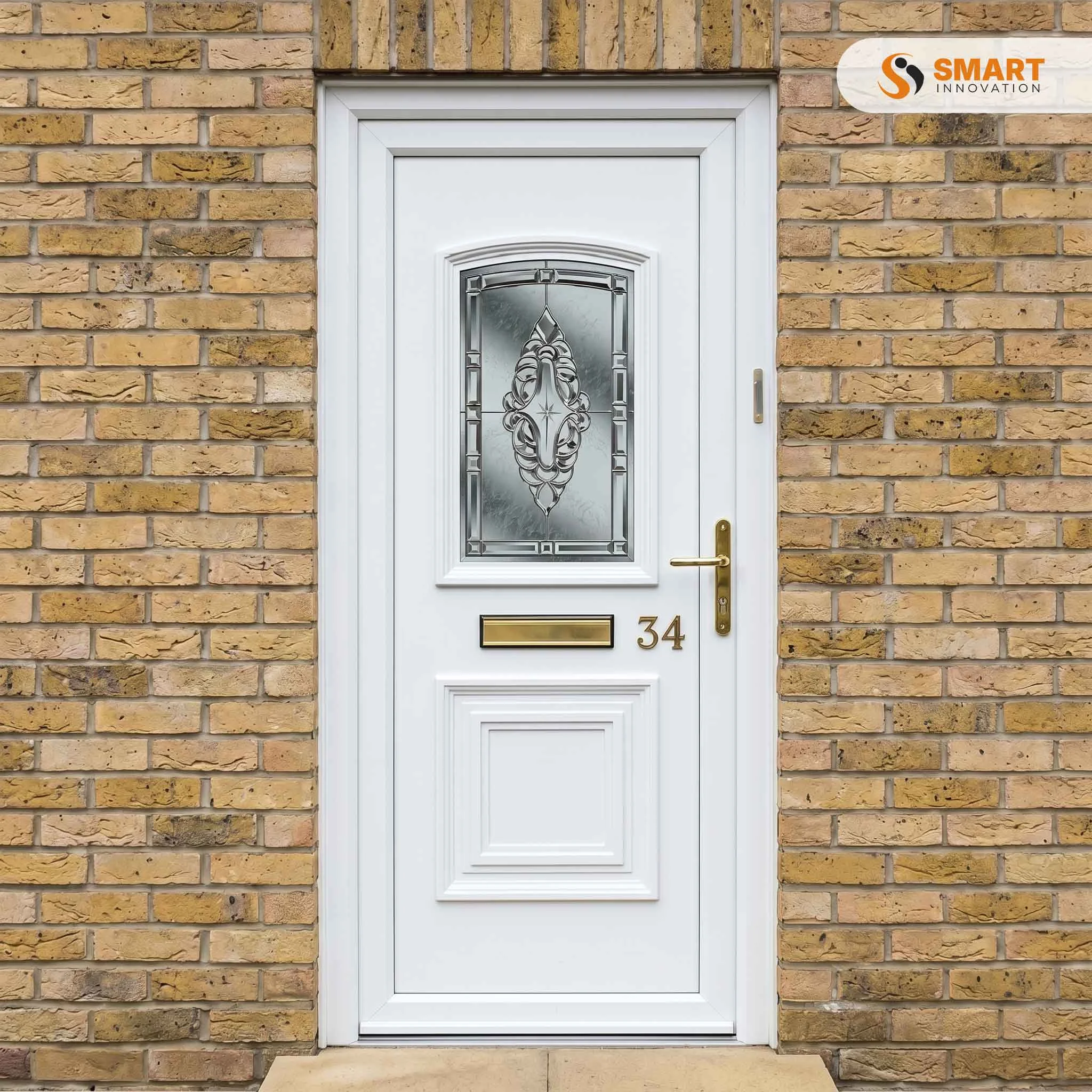 Carlton One Classic white UPVC front door with decorative glazed glass panel