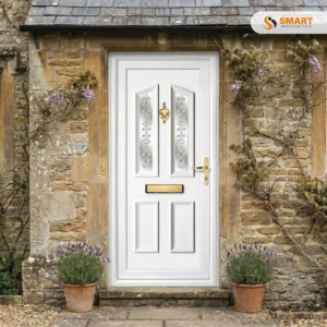 Kensington 2 white UPVC front door with decorative glazed glass panels