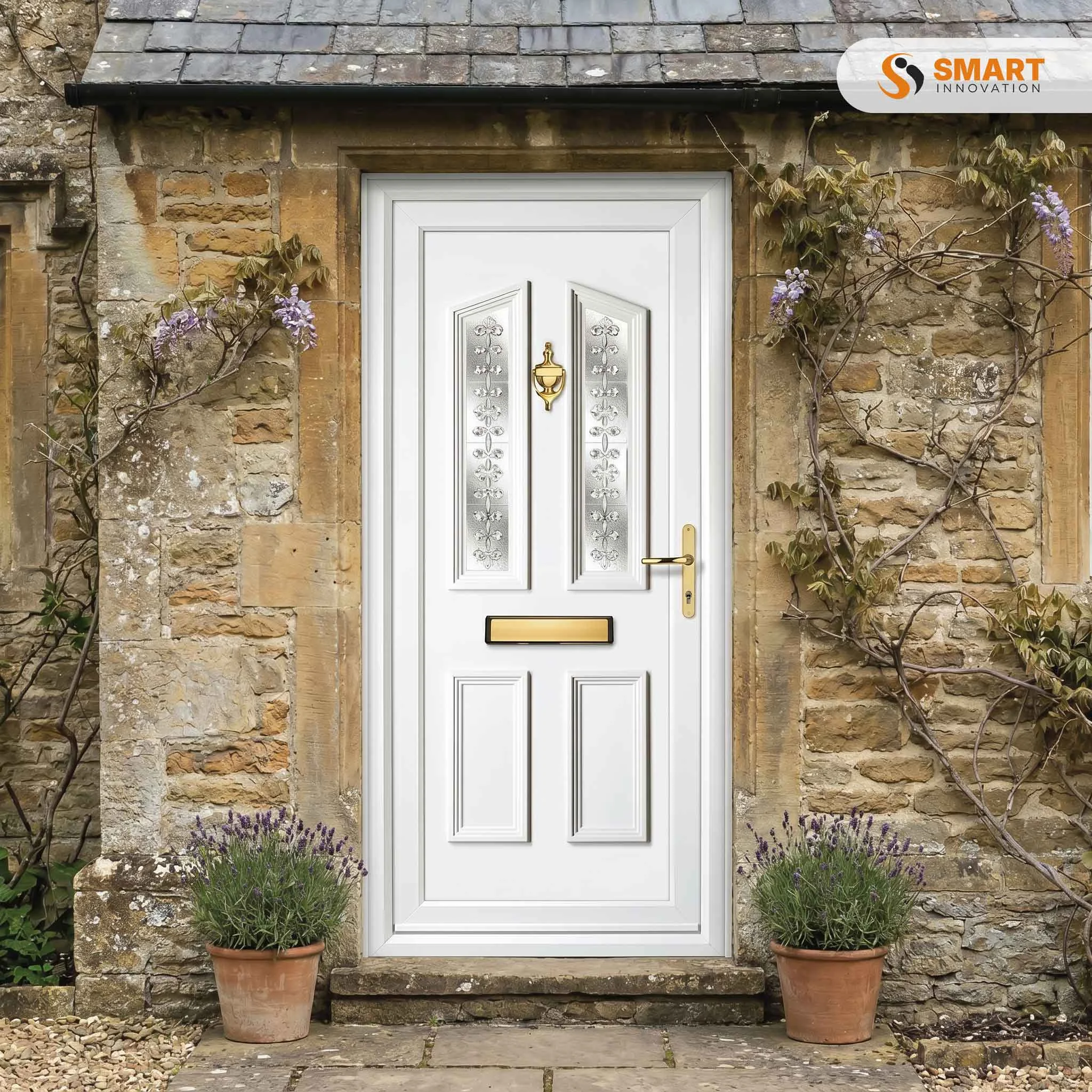 Kensington 2 white UPVC front door with decorative glazed glass panels