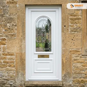 Bramall One Dendrite Resin white UPVC front door with decorative resin glazed panel