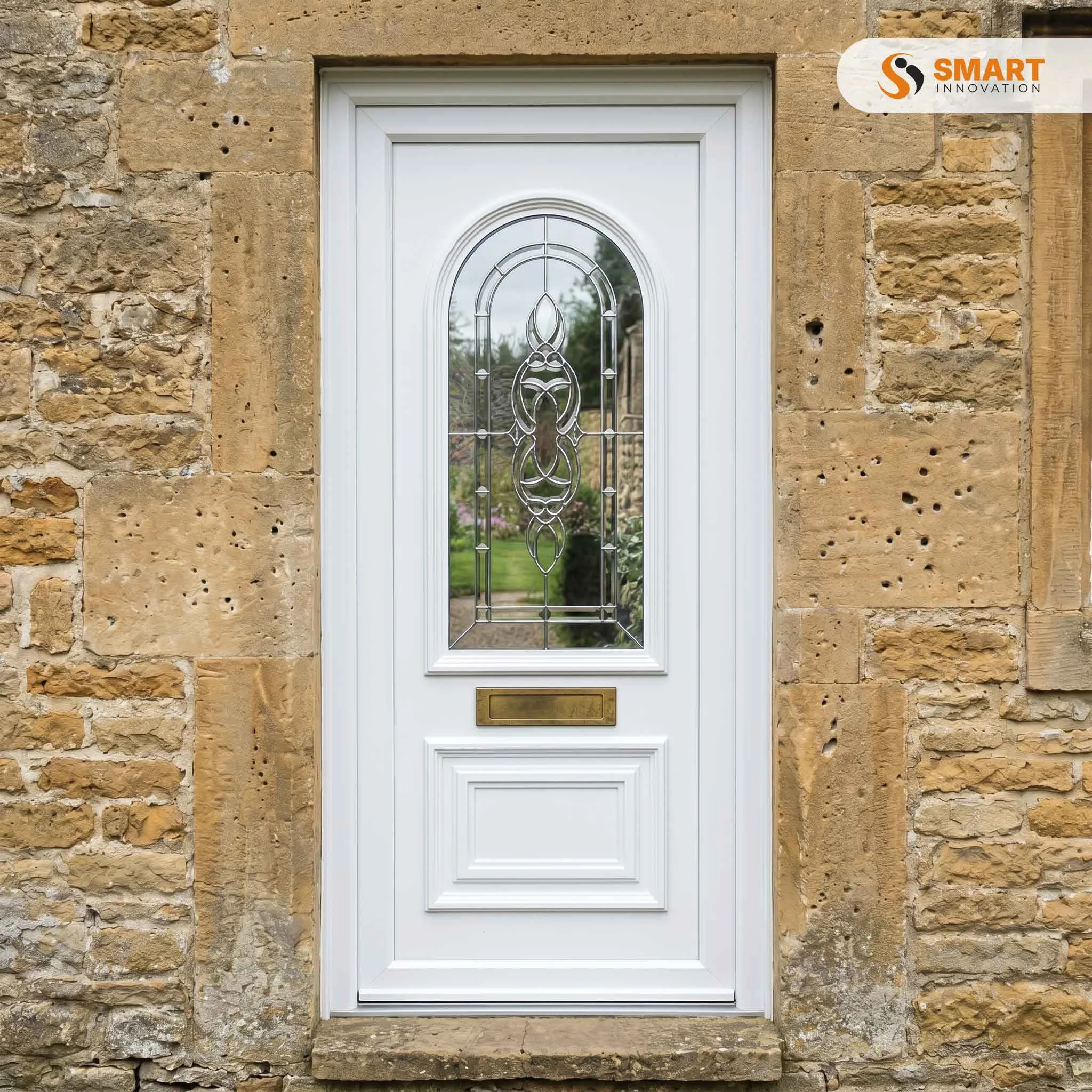 Bramall One Dendrite Resin white UPVC front door with decorative resin glazed panel