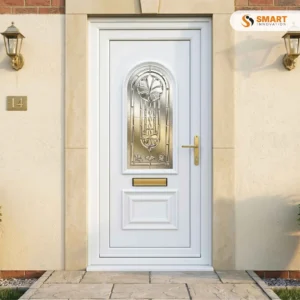 Rockingham white UPVC front door with decorative glazed glass panel