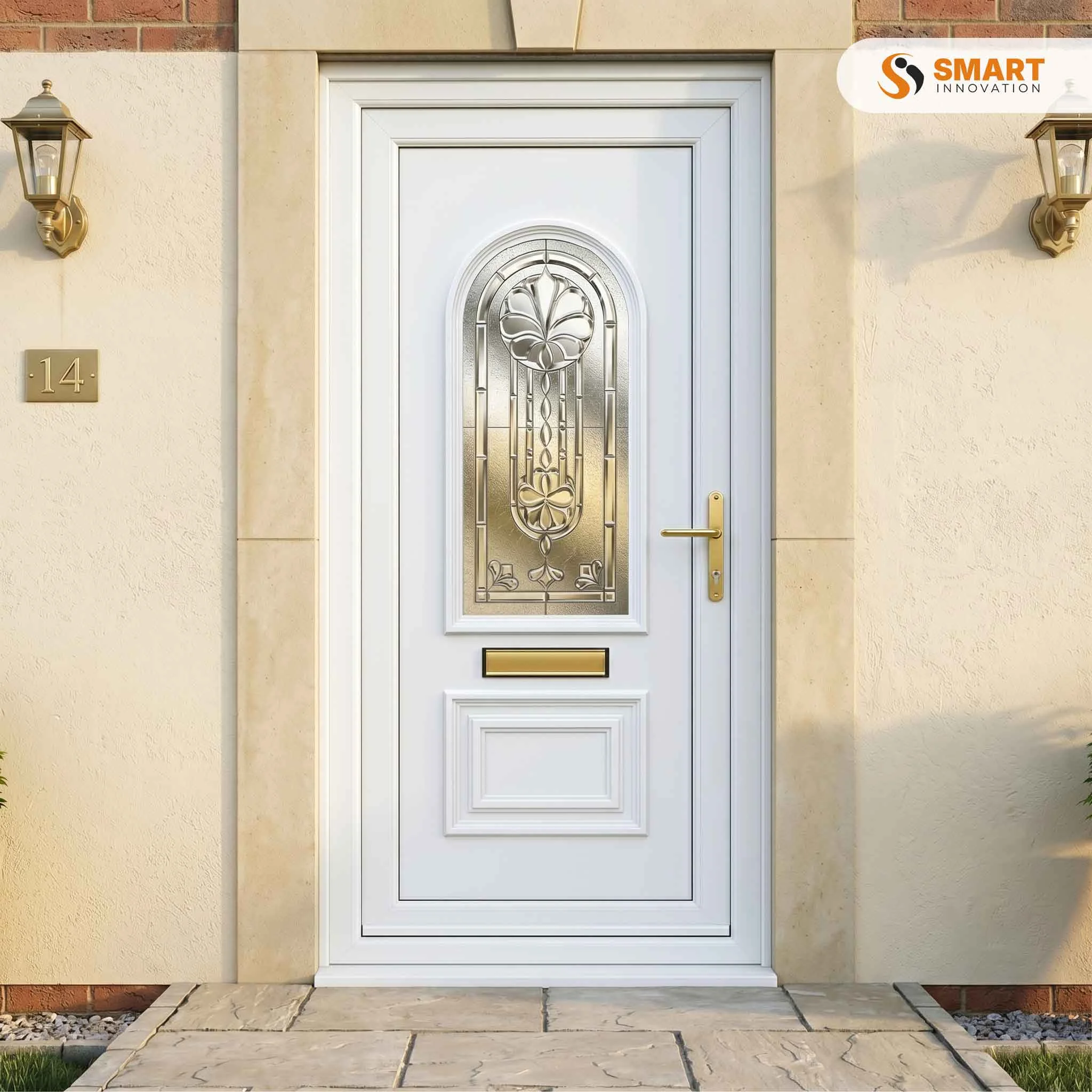 Rockingham white UPVC front door with decorative glazed glass panel