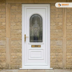 Devon Neptune white UPVC front door with decorative glazed glass panel