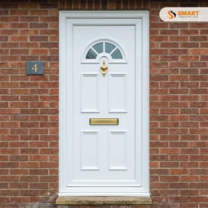 Sandringham One Glazed white UPVC front door with half moon glazed panel
