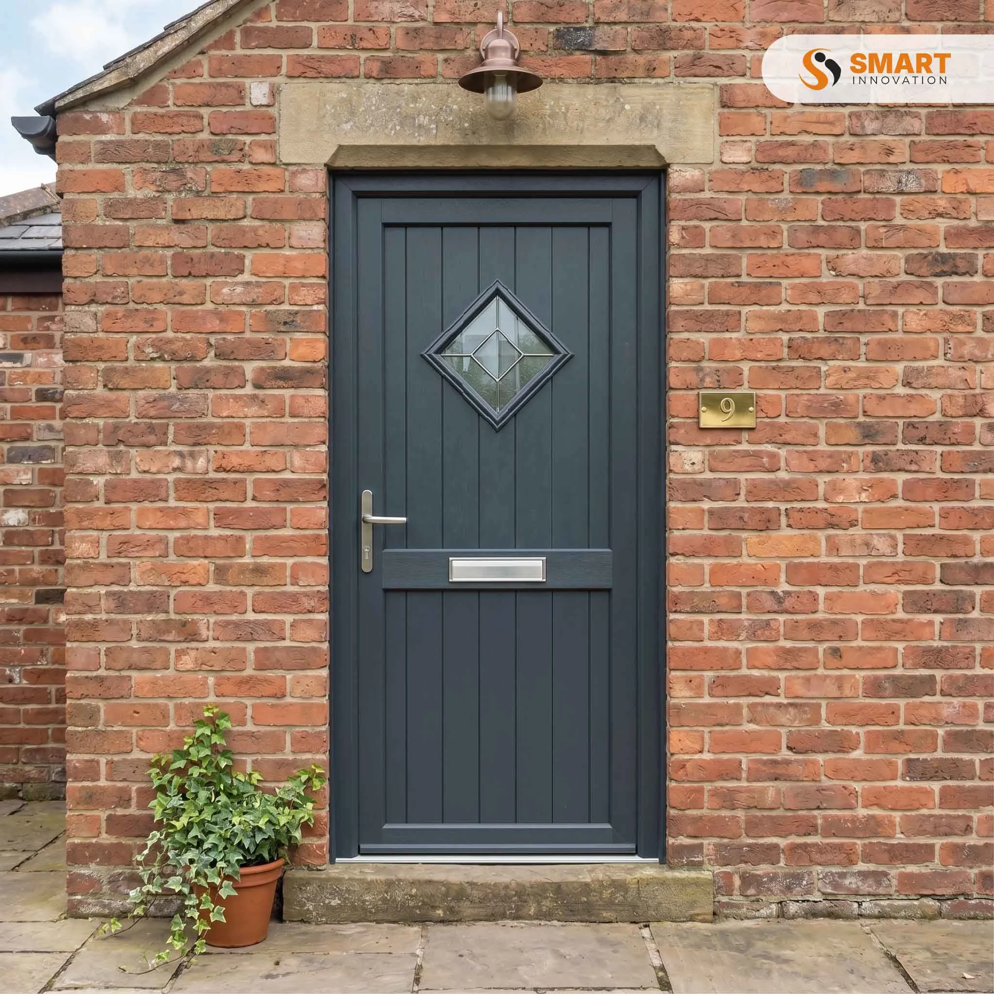 Flint 1 composite anthracite grey UPVC front door with diamond glazed panel
