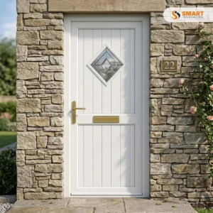 Cornwall white UPVC front door with diamond glazed panel