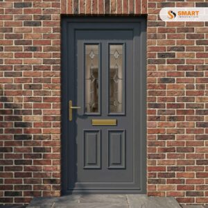 Chatsworth Style anthracite grey UPVC front door with twin glazed panels
