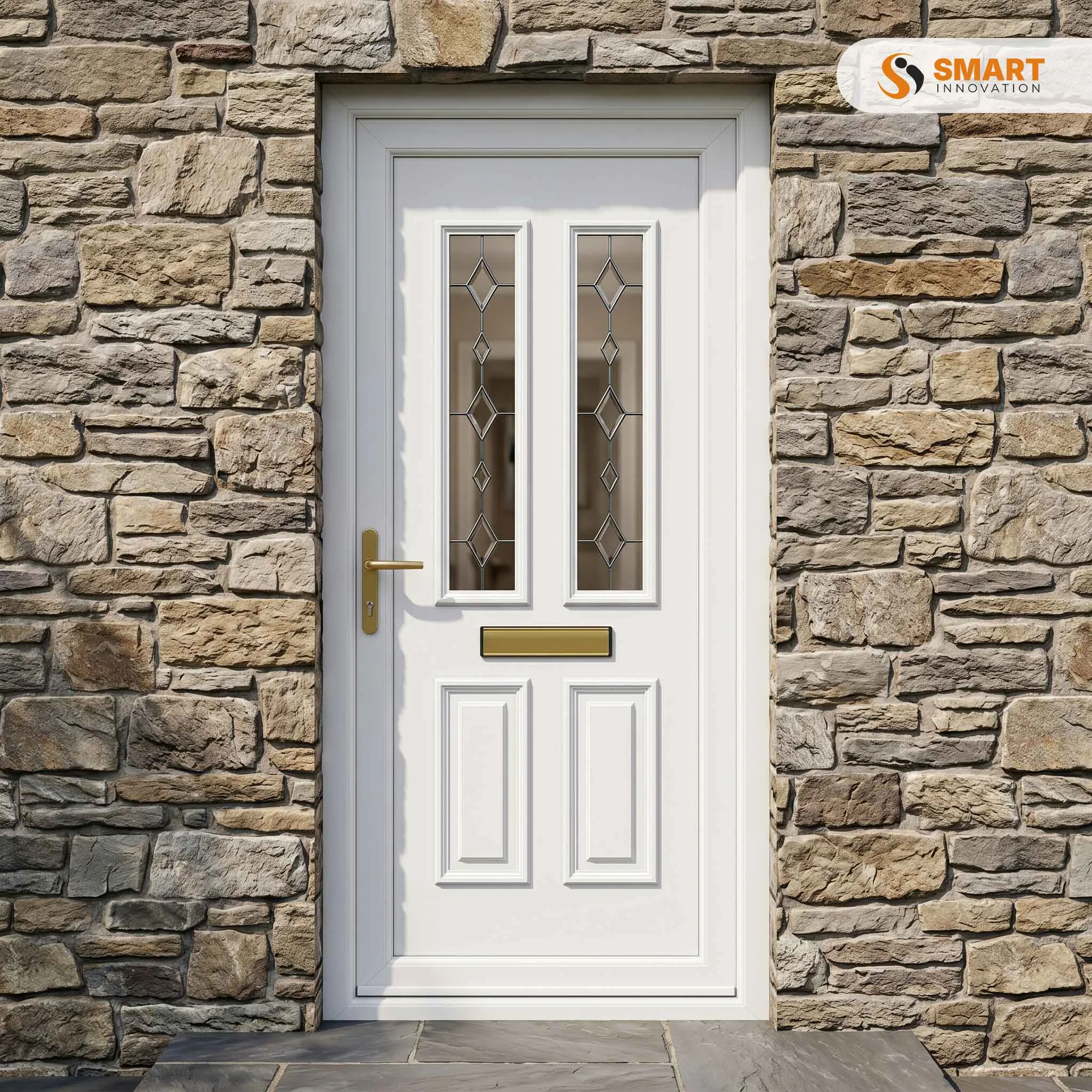 Winslow 2 Bevel Cluster white UPVC front door with decorative glazed panels