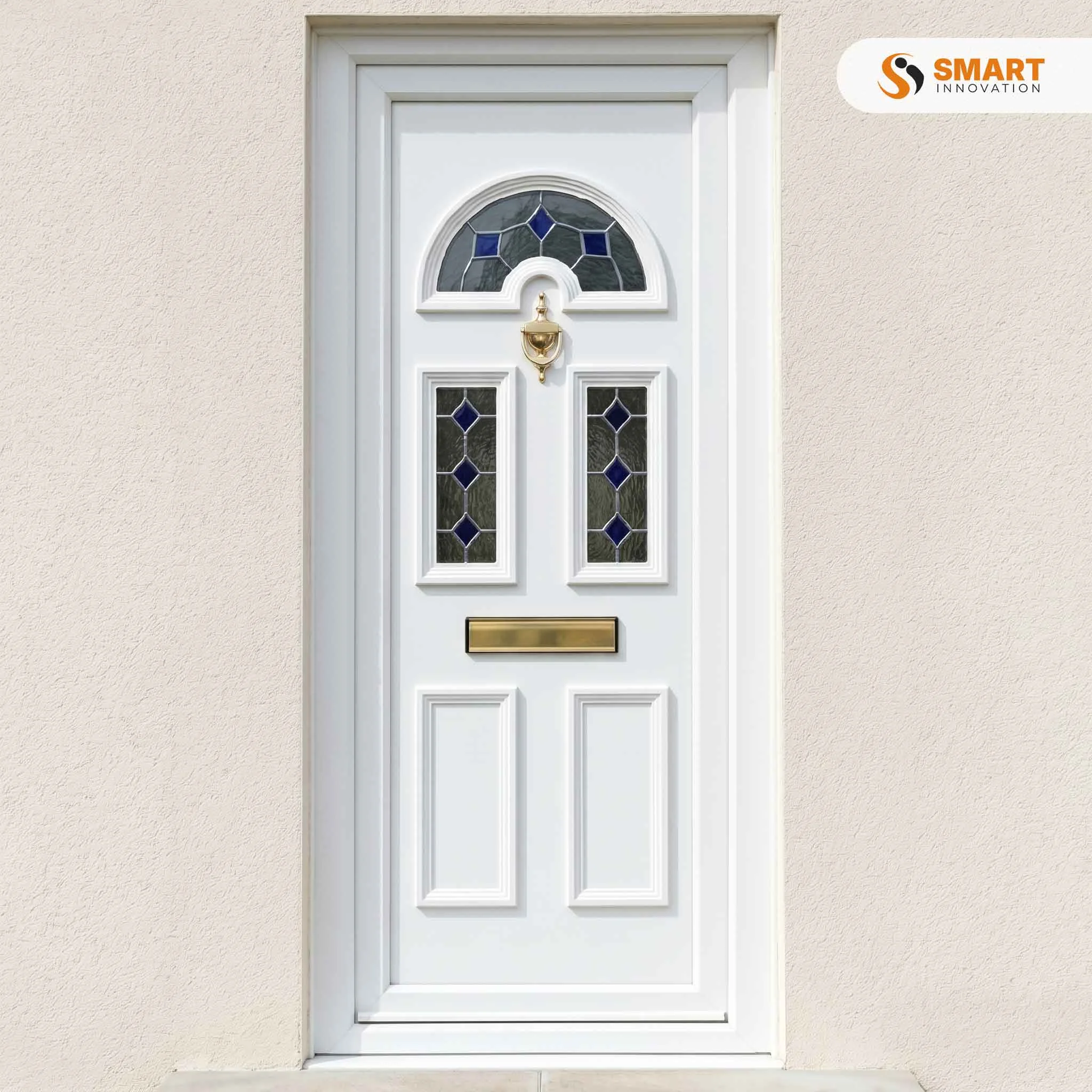 Carter 1 Glazed white UPVC front door with decorative glazed panels