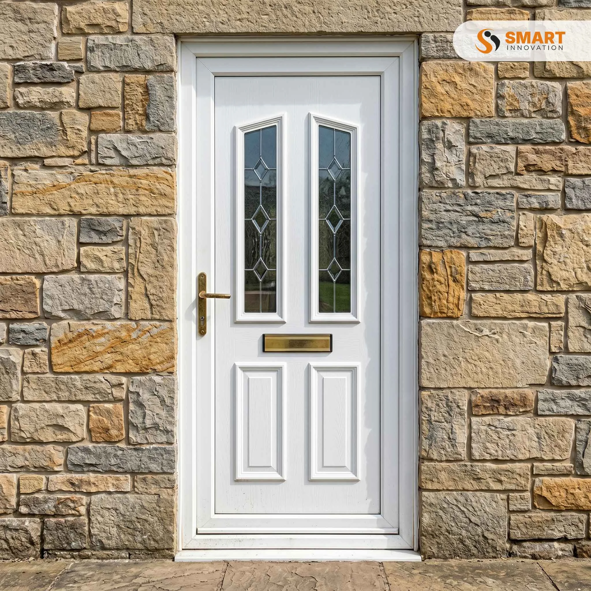 Kensington Two white UPVC front door with decorative glazed panels