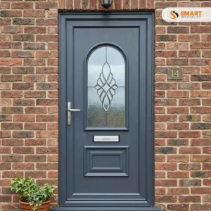 Windsor Anthracite Grey UPVC front door with decorative glazed panel
