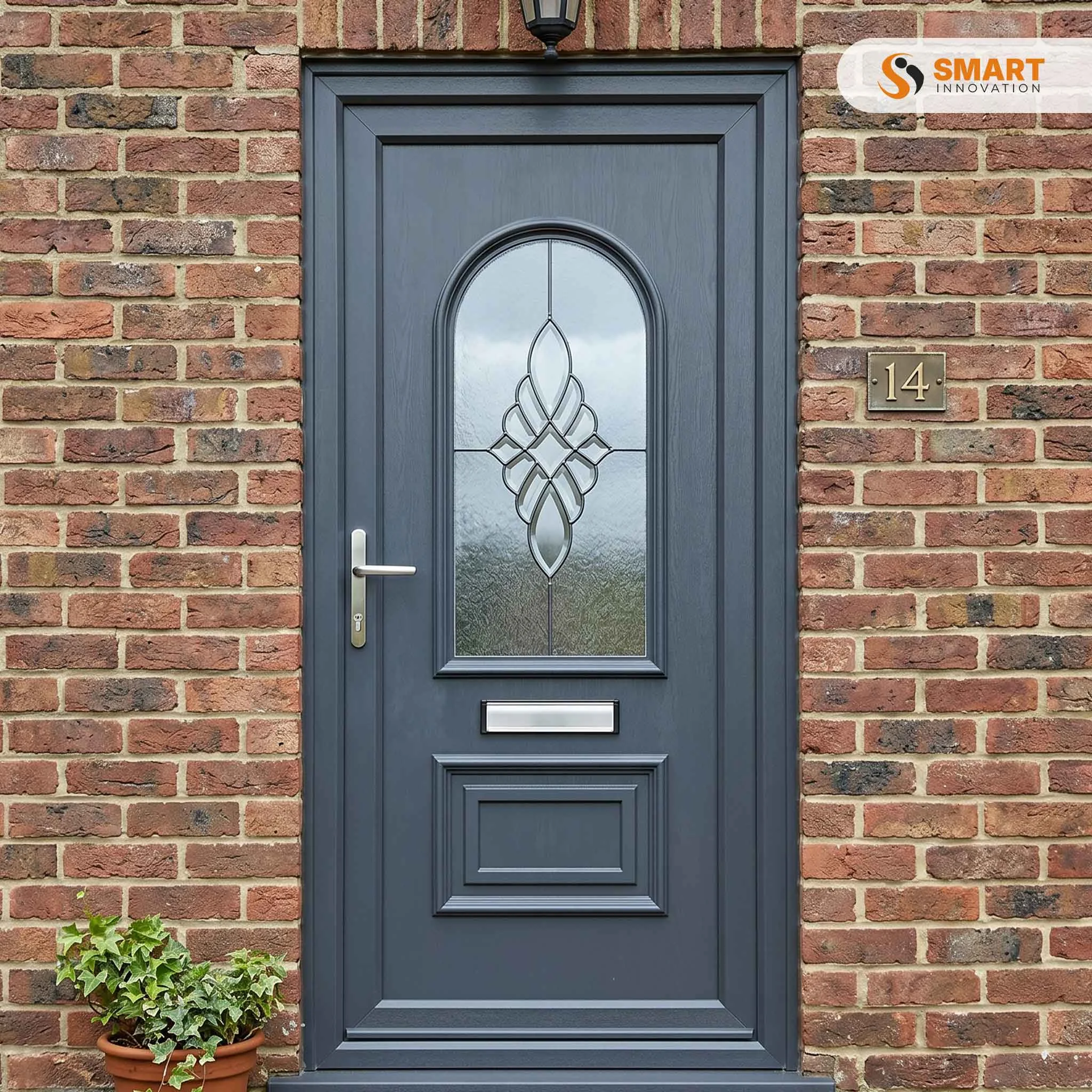 Windsor Anthracite Grey UPVC front door with decorative glazed panel