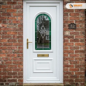 Rockingham white UPVC front door with decorative glazed panel