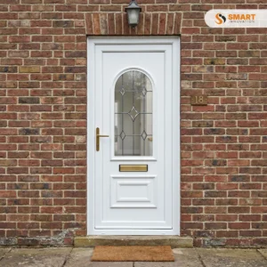 Verona white UPVC front door with decorative glazed panel