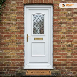 Balmoral white UPVC front door with decorative glazed panel