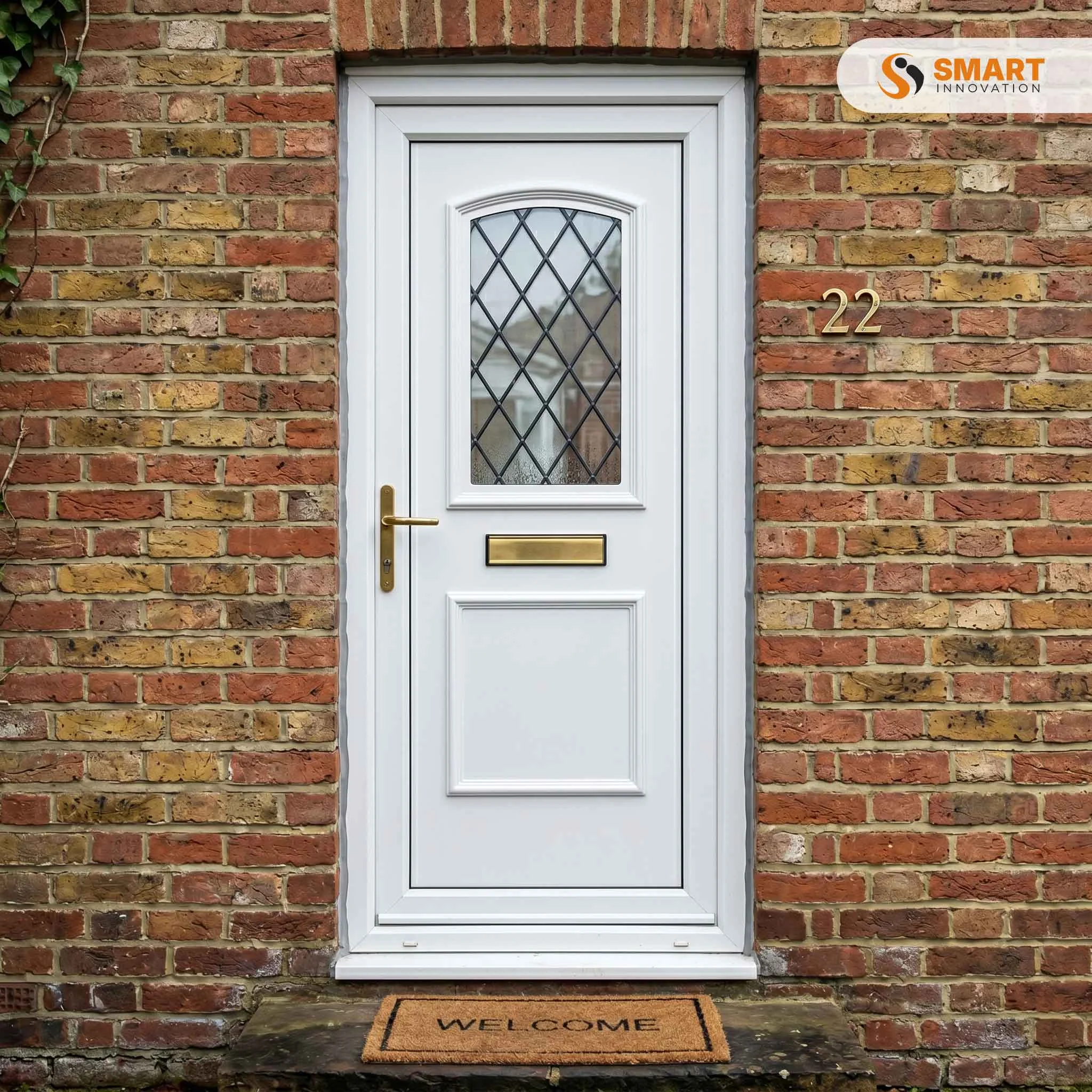 Balmoral white UPVC front door with decorative glazed panel