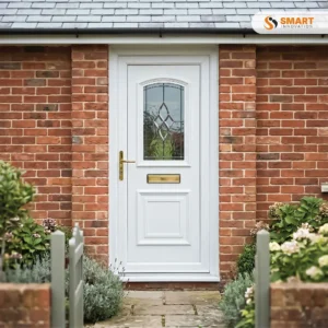 Balmoral One white UPVC front door with decorative glazed panel