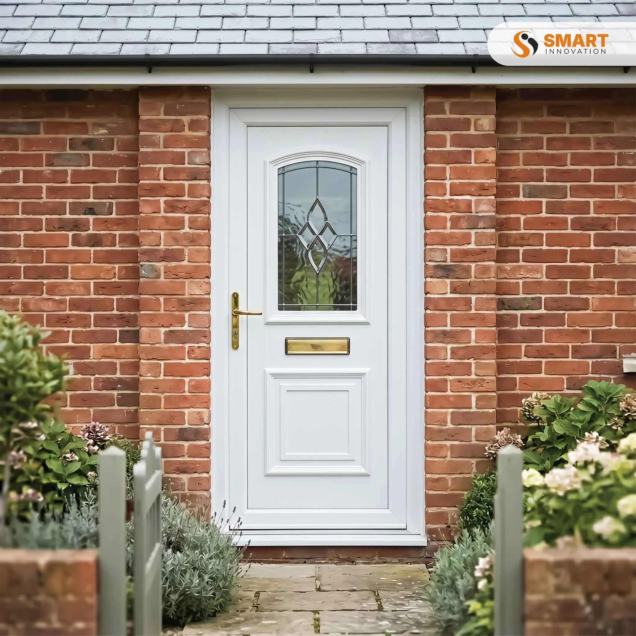 Balmoral One white UPVC front door with decorative glazed panel