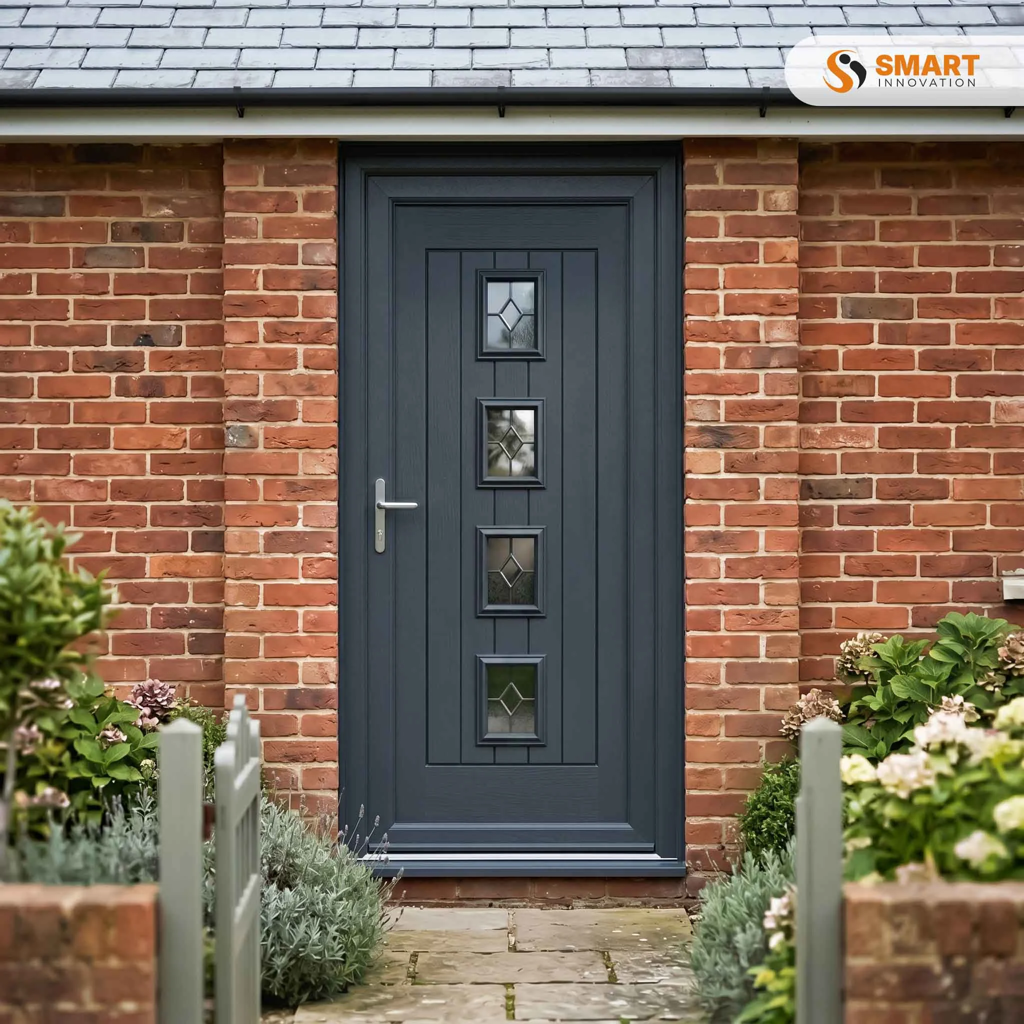 4 Square Centre Composite anthracite grey UPVC front door with four glazed panels