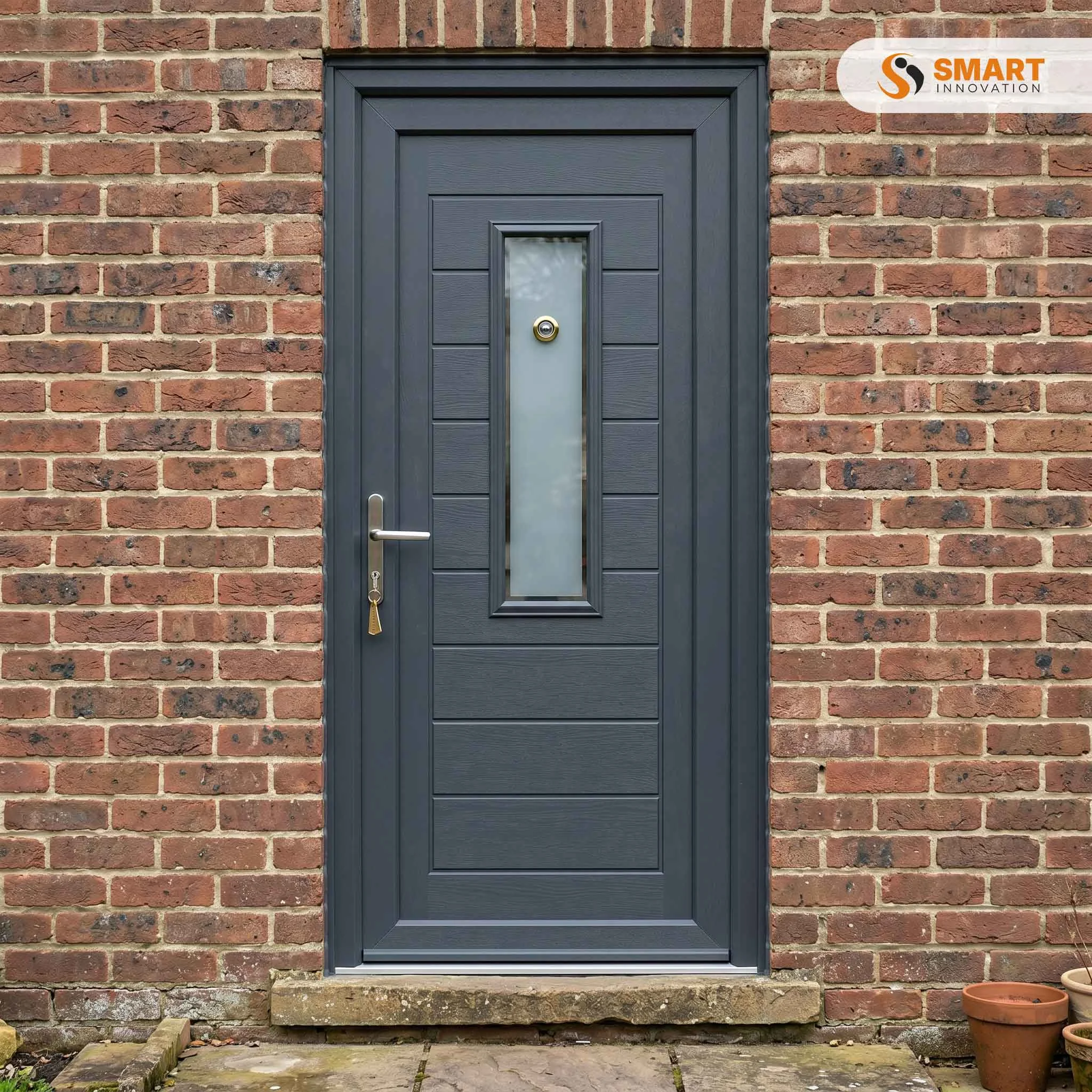 Fuji Composite uPVC front door in grey with a vertical glazed panel