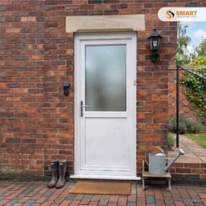 White UPVC back door with frosted glass upper panel