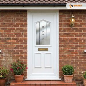 White Jacobean-Style UPVC Front Door with Decorative Leaded Glass Panel