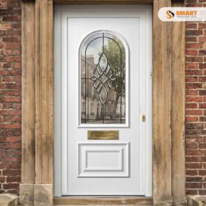 Everley Sage Front UPVC Door with decorative bevelled sage glass panel