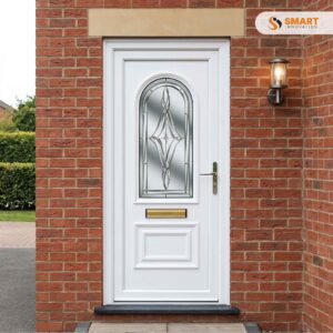 Thoresby 1 Ducat Platinum UPVC Door with decorative platinum glazed panel and white frame by Smart Innovation