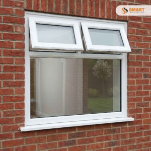 UPVC Casement Window with Two Top-Hung Fanlights and a Large Fixed Pane installed in a brick wall