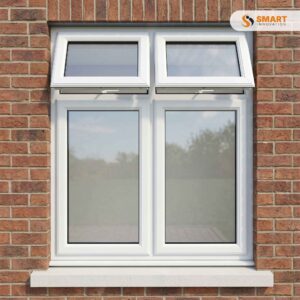White UPVC double casement window with two top-hung opener vents above large fixed glass lights installed in a brick wall.