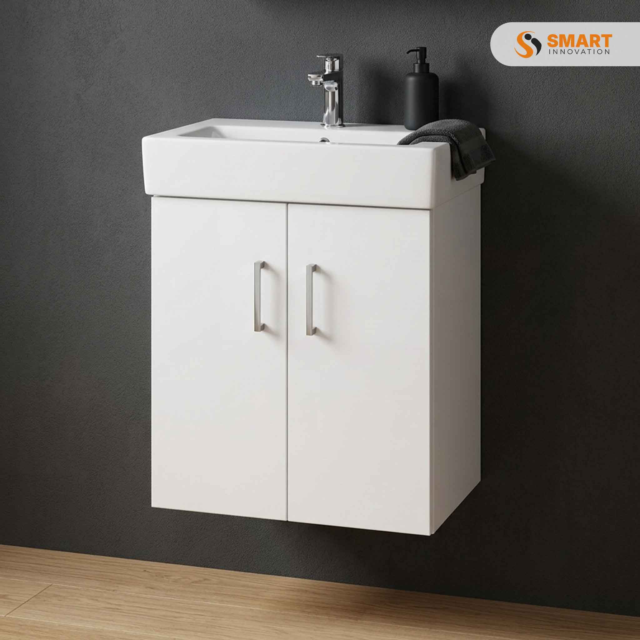 450mm white gloss wall hung cloakroom vanity unit with integrated basin