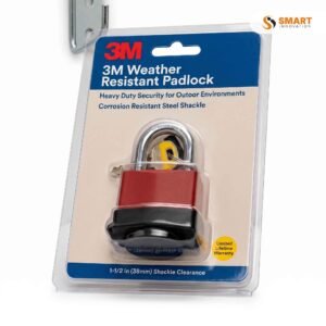 A Weather Resistant Padlock securing an outdoor gate or shed, built to hold up in rain and harsh conditions.
