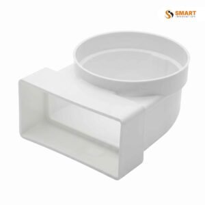 90° Elbow Rectangular to Round connector for flat rectangular ducting and ventilation systems.