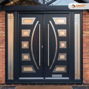 A Contemporary Composite double front door with matching side panels, decorative glazed inserts, and long stainless steel pull handles