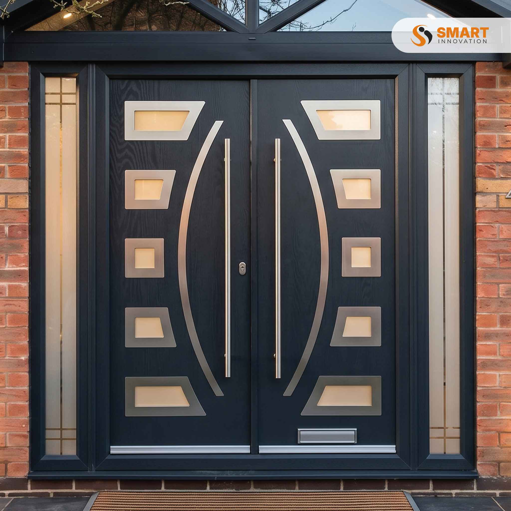 A Contemporary Composite double front door with matching side panels, decorative glazed inserts, and long stainless steel pull handles