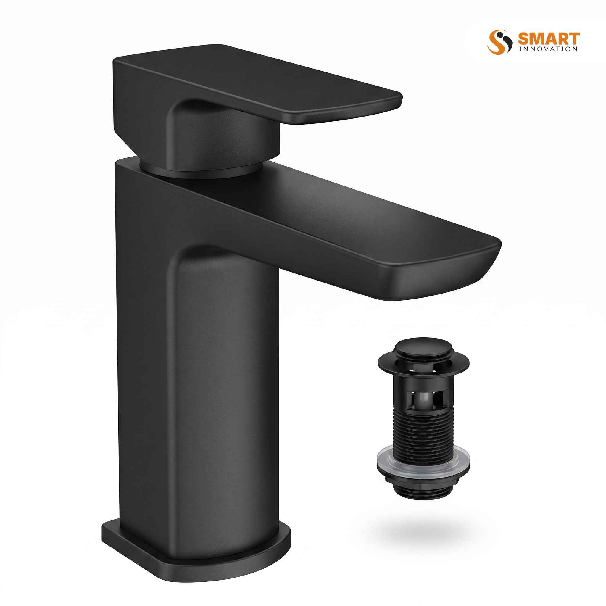 Black Square Basin Tap with Pop Up Waste in Matt Black