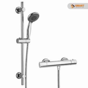 Cruze Bar Shower Package with Valve and Slider Rail Kit in polished chrome with thermostatic bar valve and multi-function handset