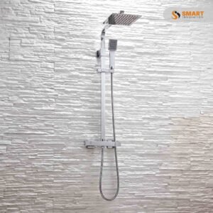 Chrome Square Rigid Riser Shower with square rainfall head and handheld shower in chrome finish