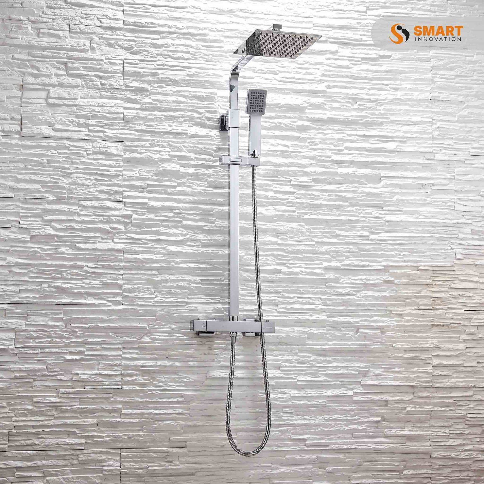 Chrome Square Rigid Riser Shower with square rainfall head and handheld shower in chrome finish