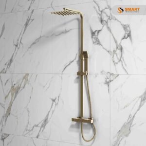 Brushed Brass Square Rigid Riser Shower with square rainfall head and handheld shower