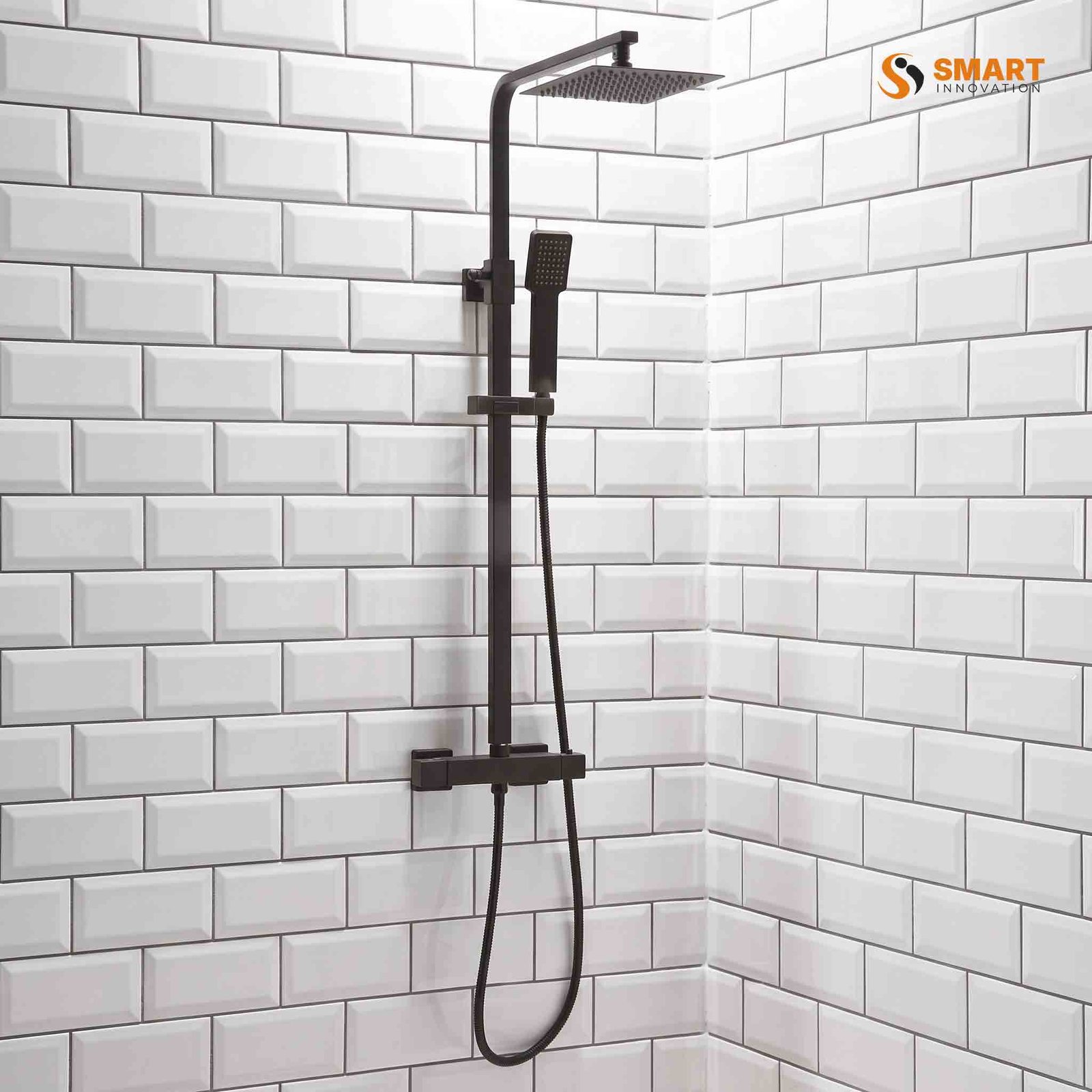 Lunar Black Square Rigid Riser Shower with square rainfall shower head and handheld shower in matt black