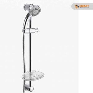 Modern round chrome shower slider rail kit with 3-function handset and soap dish