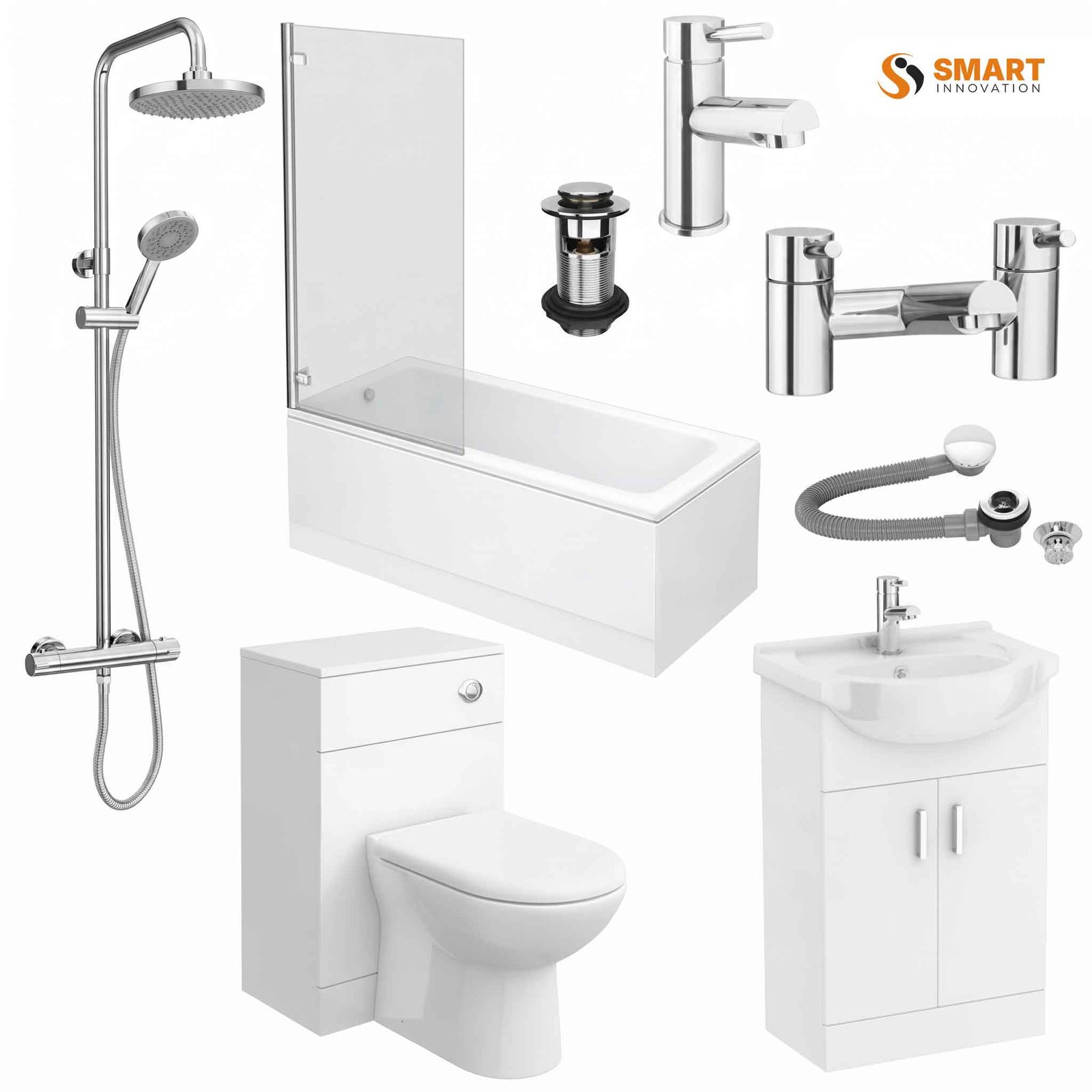 Cov complete modern bathroom package with shower bath, vanity unit, thermostatic shower and back to wall toilet