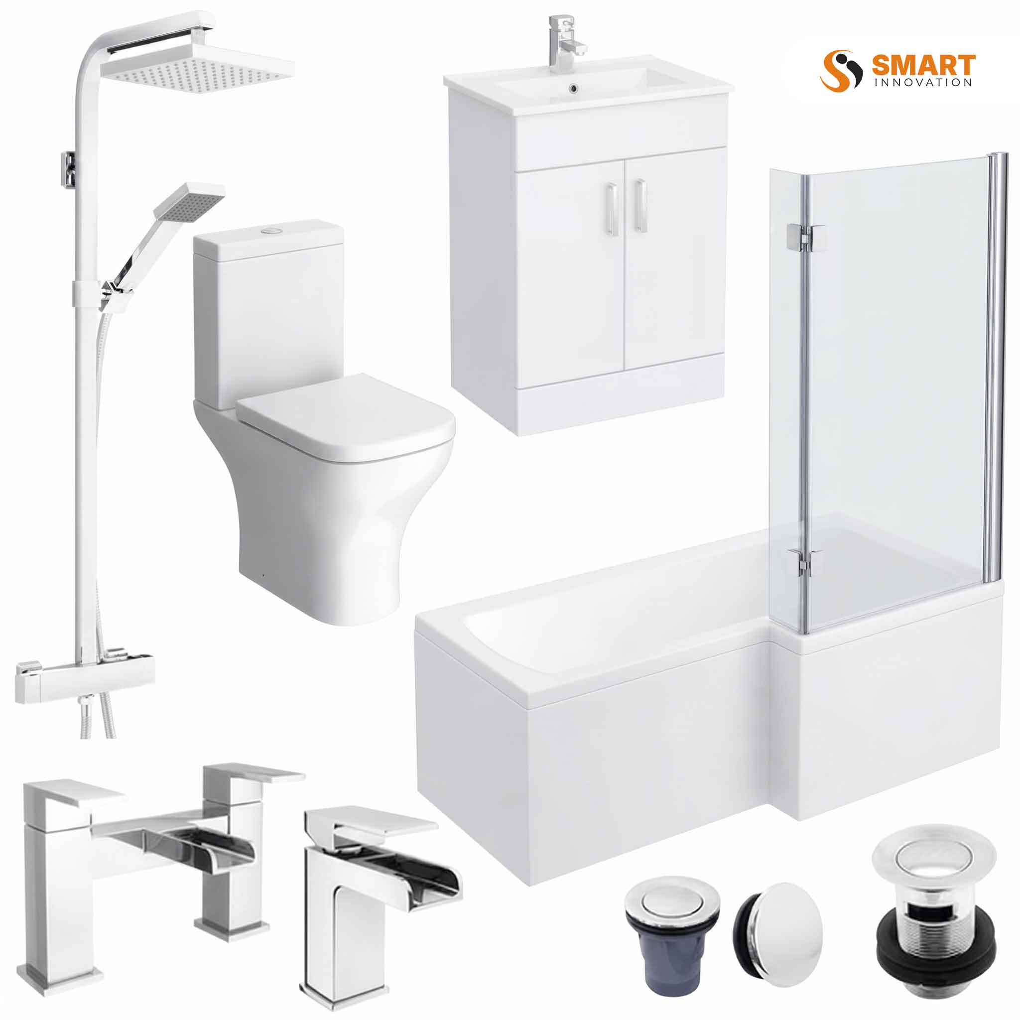 L-Shaped 1700 complete bathroom package with vanity unit, shower bath, thermostatic shower and close-coupled toilet